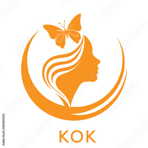 KOK Elegant Woman Beauty Logo with Butterfly. KOK Feminine Hair Salon Branding. KOK  Modern Beauty Icon.
