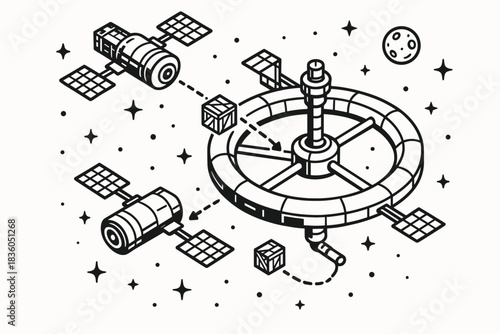 Space station with satellites and cargo in orbit around Earth showcasing advanced technology and exploration