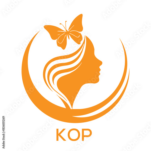 KOP Elegant Woman Beauty Logo with Butterfly. KOP Feminine Hair Salon Branding. KOP  Modern Beauty Icon.
