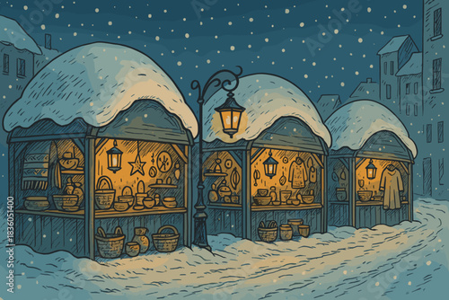 Winter market scene with cozy stalls, glowing lights, and falling snow in a quaint town at dusk