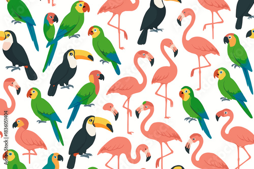 Colorful tropical birds in a vibrant pattern showcasing parrots, flamingos, toucans, and more among lush greenery