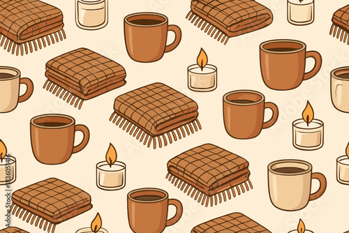 Cozy pattern featuring warm drinks, blankets, and candles creating a comforting atmosphere for relaxation