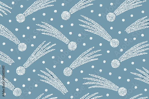 Design featuring comets and stars on a soft blue background created for a whimsical decor or fabric pattern