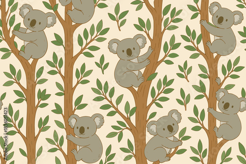 Cute koalas climbing trees with green leaves in a playful pattern design for children?s decor
