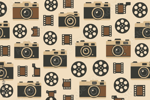 Retro camera pattern with different film types and reel designs on a beige background