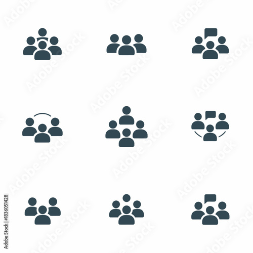 Collection of diverse human group and team icons representing collaboration and communication