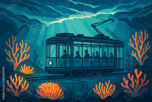Underwater tram navigating through colorful coral reefs and marine life during a serene oceanic journey