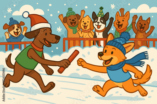 Dogs enjoy a winter playtime with festive hats while a cheering crowd watches from the snowy sidelines