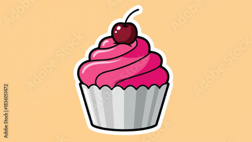 Delicious Pink Frosted Cupcake with Cherry Topping.