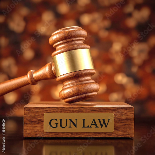 Gavel on Gun Law Base, Legal Authority, Courtroom Judgment, Firearms Legislation, Justice System, and Judicial Power