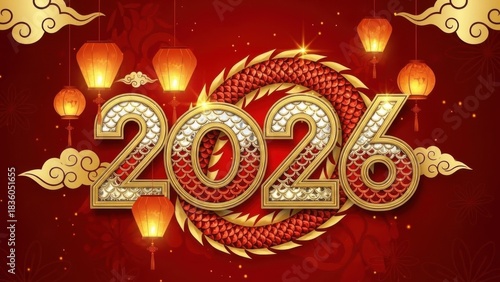 Chinese new year 2026 dragon year celebration with glowing lanterns and ornate numerals