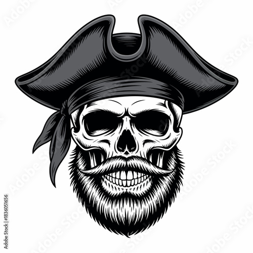 Pirate skull with tricorne hat and beard