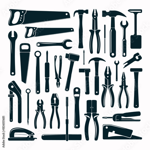 Collection of black silhouettes of various hand tools on a white background