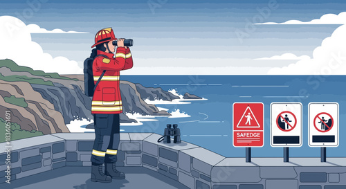 Coastguard keeping watch over seaside cliffs with safety warnings illustration