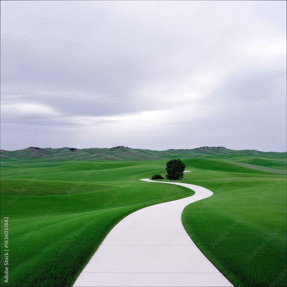 Naklejka premium Pathway Winding Through Green Rolling Hills Under Cloudy Sky