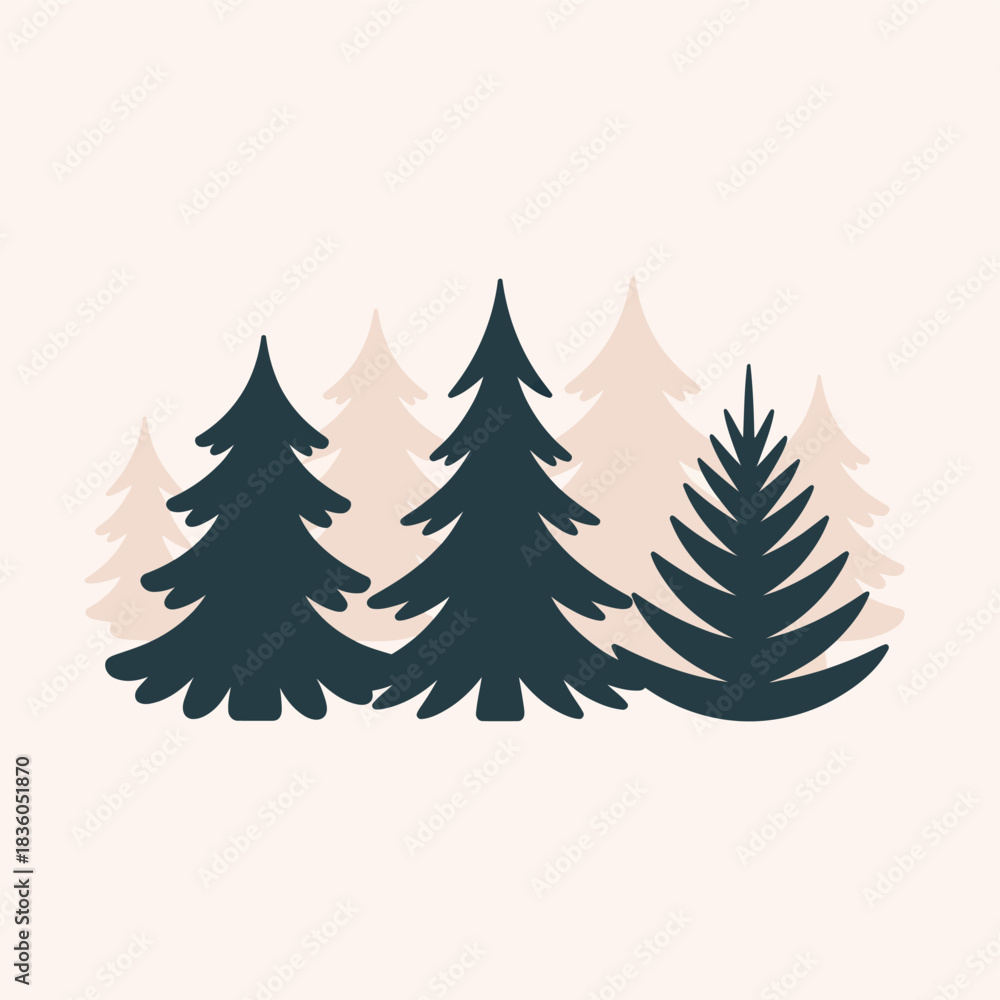 Obraz premium Minimalist dark green evergreen trees silhouette on light background
