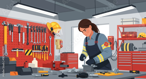 Female firefighter repairing equipment in a well-equipped maintenance workshop