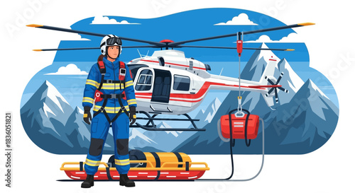 Rescue paramedic stands guard near the helicopter during mountain operation