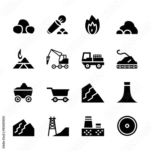Collection of black silhouette icons representing coal mining and industry concepts