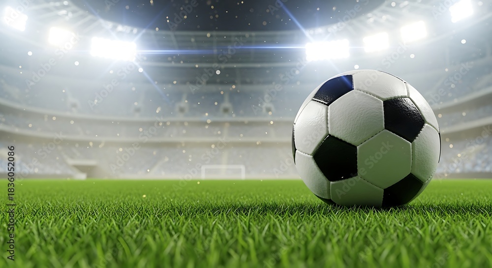 Fototapeta premium Close up of a soccer ball on green grass in a stadium with bright lights and bokeh football sport