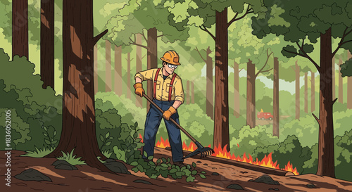 Cartoon Depiction of a Firefighter Battling Wildfire in a Forest Setting