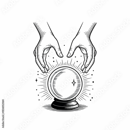 Mysterious hands hovering over a glowing crystal ball with radiating light
