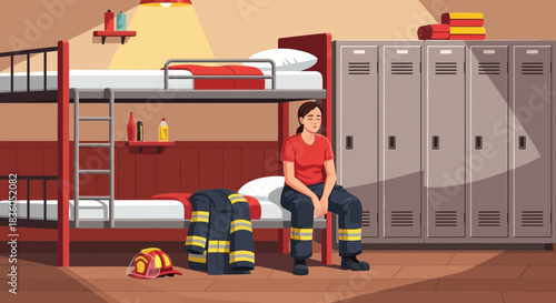 Tired firefighter rests in bunkroom after long day of emergency response