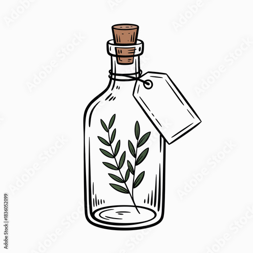 Hand drawn illustration of a glass bottle with cork and leaf inside