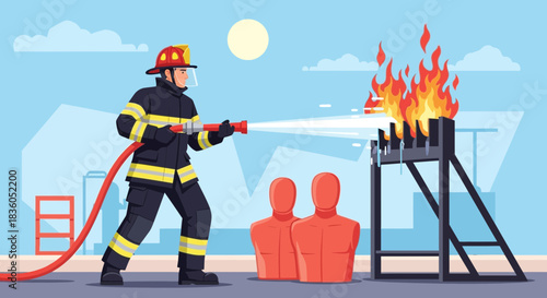 Firefighter extinguishing a blaze during safety demonstration with training dummies