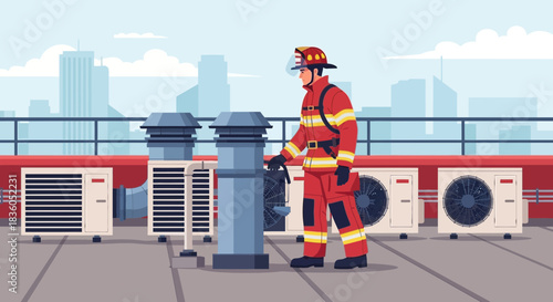Firefighter on Rooftop with HVAC Systems, Preparing for a Emergency Situation