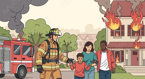 Illustrative scene of a firefighter assisting a family near a burning house