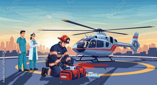 Emergency medical evacuation personnel team by helicopter on the helipad