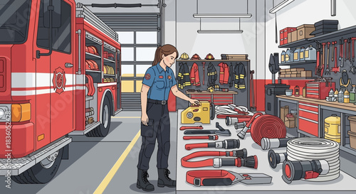 Female Firefighter Inspecting Equipment Inside Fire Station Emergency Services