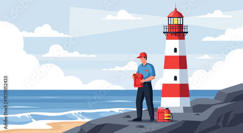 Lighthouse Maintenance Technician with Fuel Canisters at Coastal Station