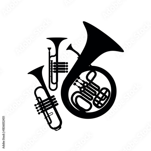 Silhouette of brass musical instruments including a french horn and trumpets