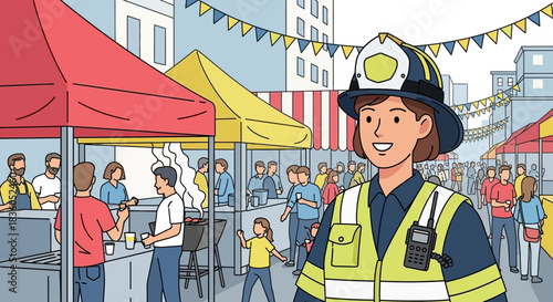 Animated depiction of a community festival with a firefighter present and people