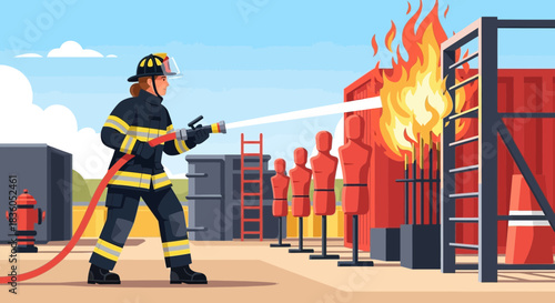 Brave firefighter training extinguishing blazing container for community safety