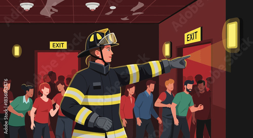 Firefighter directs people towards illuminated exit in emergency evacuation scenario