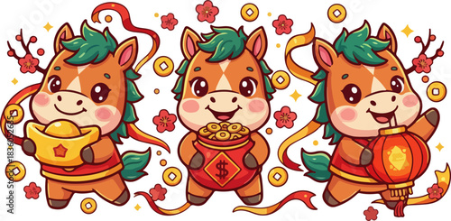 Cute Chinese New Year Horses with Gold Ingots and Lanterns Vector