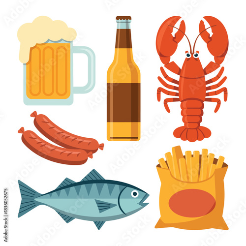 Collection of seafood and beer with french fries and sausages