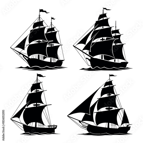 Four vintage sailing ships in silhouette against white background