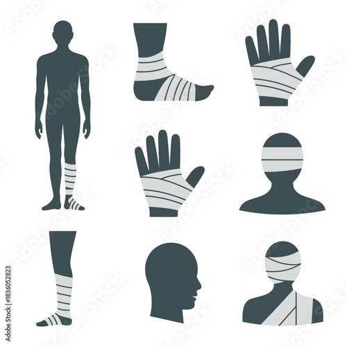 Medical bandages and injury icons showing body parts and human silhouettes