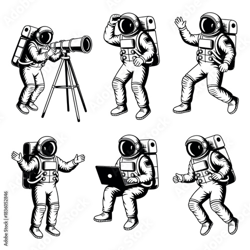 Collection of astronaut poses and activities in space exploration