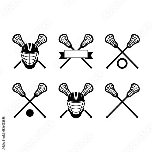 Lacrosse equipment icons set crossed sticks helmet and ball vector graphics