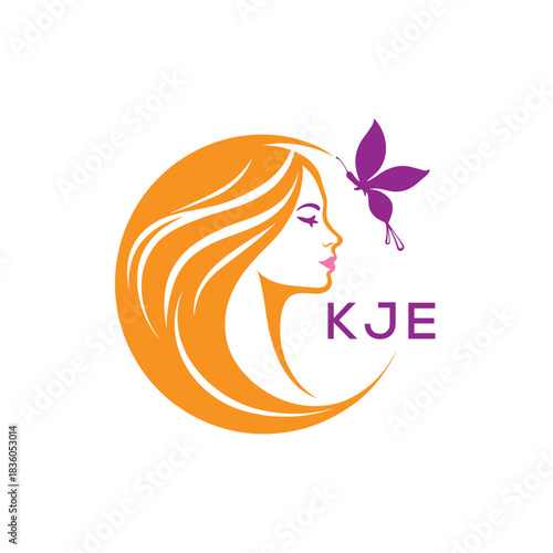 KJE Elegant Beauty Woman Logo. KJE with Butterfly  Salon & Spa Branding.  KJE Luxury Beauty Icon Design.

