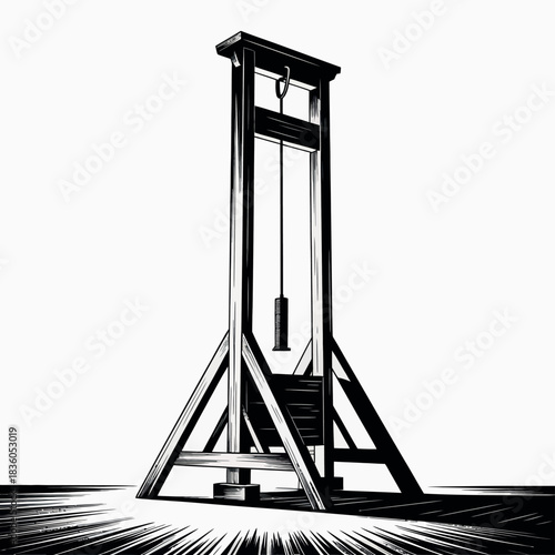 Illustration of a historical guillotine execution device in black and white