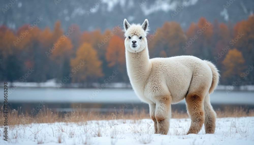 Obraz premium Fluffy alpaca stands in winter landscape near frozen lake. Cute animal looks to camera in snow field near colorful autumn forest. Calm and serene background. Mammal portrait in nature.
