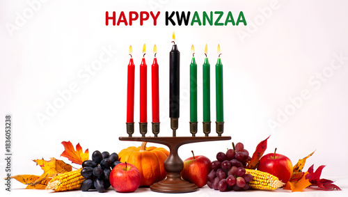 Happy kwanzaa celebration with kinara and festive decorations