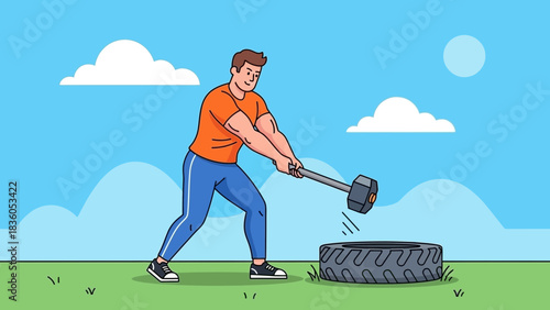 An illustration of a man swinging a sledgehammer to hit a tire on a green field under a blue sky with white clouds.