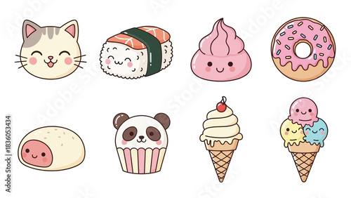 Collection of cute kawaii-style food and animal illustrations, including a cat, sushi, donut, ice cream, mochi, and panda cupcake, all with smiling faces.